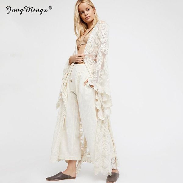 women's trench coats women long coat maxi lace white cover up clothing swimsuit boho beach bikini floral overcoat, Tan;black